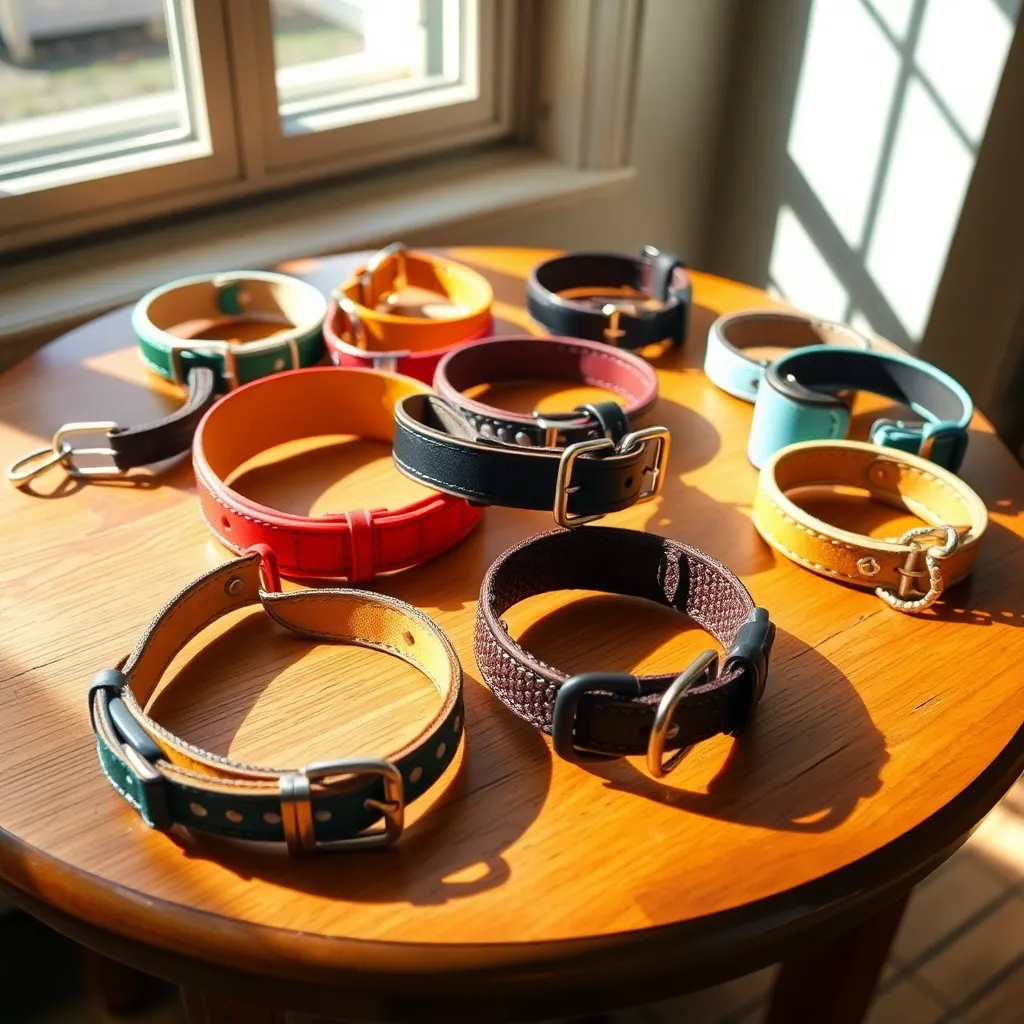 Dog training collars displayed on a wooden surface, showcasing various styles and colors for effective pet training.